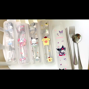 HL0691 Set Alat Makan Sendok Garpu Sumpit Bekal Stainless Steel Emboss Motif Karakter