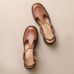 Full-Grain Sheepskin Chunky Heel Closed Toe Sandals Women 2023 Summer New Retro Versatile Apricot Square Toe Semi-high Heeled T-Straps