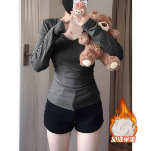 Áo Thun Cổ Chữ V Dày Màu Trắng Cho Nữ Mùa Thu Đông Thường Ngày Dài Tay Ôm Vừa Vặn Chất Liệu Cotton Pha Trộn Polyester