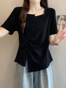 Áo Thun Nữ Tay Ngắn Dáng Rộng Không Đều Mùa Hè Mới Cỡ Lớn Che Giấu Mỡ Giảm Cân Áo Thun Cổ Vuông Thường Ngày