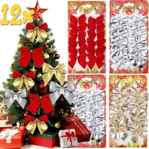 12Pcs Christmas Velvet Red Bow 5cm Xmas Tree Gold Silver Bowknot Pendant Ornament for Navidad Home Decor 2025 New Year Party DIY Gift