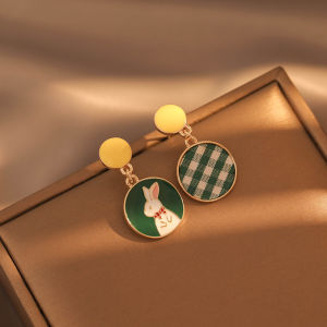 Asymmetric Cute Bunny Ear Studs Earrings Ear Pins Green Green Checked Cloth Elegant Mosquito Coil Non-Piercing Ear Clip