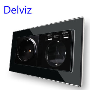 Delviz Wall Double 16A Outlet With 5V 2A USB charging PortsAC 110V~250V Black Tempered Crystal Glass Panel EU Standard Socket