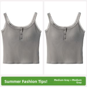 Miiow | Womens Cotton Lace Vest With Chest Pad U-Neck Backless Summer Top Thin Regular Length Sleeveless Tank Top Body Shaping
