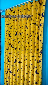 [Grosir] Terlaris Gorden katun motif bulan bintang model plisket warna kuning gorden tipe pengait kawat Gorden jendela dan pintu