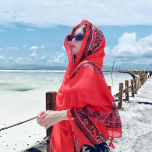 ผ้าพันคอไหมลายดอกไม้สไตล์ชาติพันธุ์สำหรับผู้หญิง ผ้าคลุมไหล่กันแดด ผ้าไหมบาง สำหรับการเดินทาง ฤดูใบไม้ผลิและฤดูใบไม้ร่วง