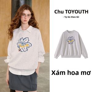 Toyouth | Áo Hoodie Nữ Không Mũ Trùm Đầu Cổ Tròn Thêu Hoa