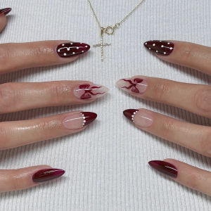 Short Medium fake nails Fashion polka dots cute bow brown coffee pink black white red almond square tips press on false nails