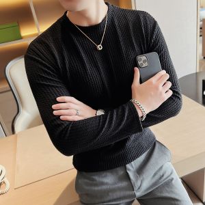 Mens Long Sleeve round Neck T-Shirt Casual Elastic Wave Pattern Basic Fashion Urban Style Autumn Wear Comfortable Underwear