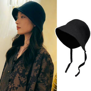 Nini Knitted Fisherman Hat Womens Casual Style Black Versatile Cap Face Slimming Korean Artistic Leisure Short Brim Hat