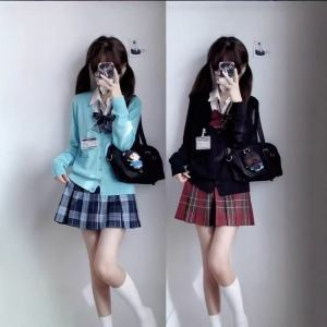 Spring Autumn Uniform Jk Set Cardigan Sweater Womens Japanese College Style V-neck Long Sleeve Knitted Red Christmas Skirt