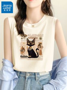 True Weave Womens Summer Vest 2025 New Outwear Small Strap Pure Cotton Sleeveless T-Shirt Street Style Loose Fit Hand Drawn