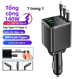 Bộ Sạc Xe Hơi USB Type-C 7 Trong 1 Có Thể Thu Vào Bộ Đổi Nguồn Sạc Nhanh Với Cáp LED Cho iPhone Xiaomi