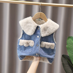 Áo Khoác Lót Lông Cừu Dày Phong Cách Hàn Quốc Cho Bé Gái Mùa Đông Có Túi Hình Móng Vuốt Gấu Áo Vest Denim Lót Lông Cừu Cho Bé Gái