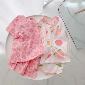 ชุดนอนเด็ก ชุดนอนแขนสั้นผ้าไหมน้ําแข็งฤดูร้อนใหม่สําหรับเด็กผู้หญิง