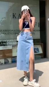 Plus size Slit denim skirt blue jean bottoms women high-waist Korean style midi skirt with raw edge