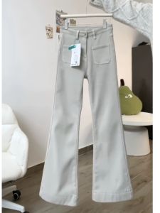 High Waist Bell Bottom Jeans Womens Extended Length Light Beige Elastic Vintage American Style Slim Fit High Waist Jeans