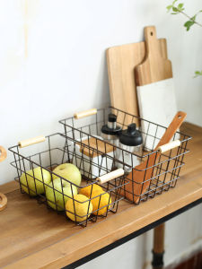 Retro Iron Art Storage Basket with Wood Handle for Books Snacks Bathroom And Miscellaneous Goods Home Organization Basket