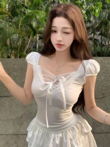 GUZILIAN | Pure Desire Sweet Spicy Girl Lace Mesh Beautiful Top Summer Design Unique Short Sleeve T-Shirt Womens Patchwork V-neck Tee