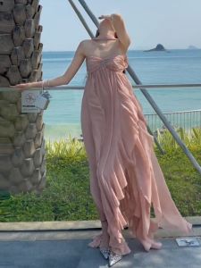 CHANGTONG | Beach Vacation Style French Elegance Backless Gown Strapless Long Dress Summer Season Casual Chic Womens Fashion Dress