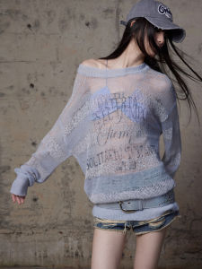 เสื้อถักขนสัตว์แบบหลวมๆ สำหรับผู้หญิง ฤดูใบไม้ผลิ 2025 ดีไซน์แบบมีความรู้สึก ดีไซน์แบบมีช่องว่าง ผ้าขนสัตว์ขนแกะแบบมีช่องว่าง แขนยาว ปกติ