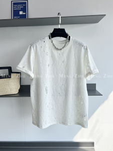 เสื้อยืดแขนสั้นผู้หญิงคอตั้งสไตล์ยุโรประดับไฮเอนด์พร้อมลายลูกไม้และรูพร้อมเสื้อเชิ้ตแขนสั้นสำหรับฤดูใบไม้ผลิ