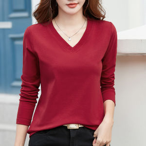 Womens V-neck Cotton T-shirt Long Sleeve Pure Color Spring New Style Heart-shaped Neckline Base Shirt Office Commute Fashion