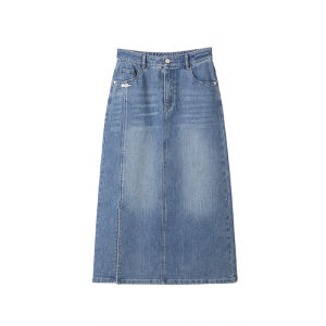 Summer Half-length A-line Midi Slimming Denim Skirt High-waisted Casual Style Ladies Skirt with Sides Split Cotton Polyester Blend