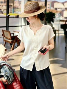 Loose Drape V-Neck Short Sleeve Acetate Satin Blouse