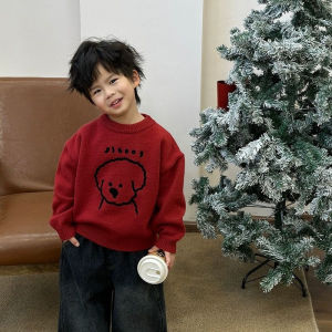 Cartoon Kids Knitted Sweater New Year Spring New Arrival Red Festive Wear Long Sleeve Warm round Neck Thickened Base Layer Top