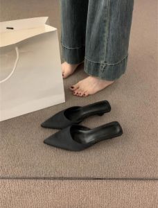 CAIZINI | French Style Simple Pointed Thick Heel Mule Shoes