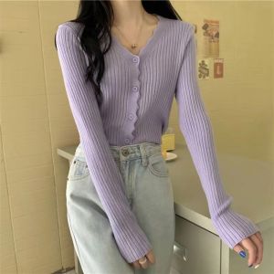 Spring Pure Desire Short Thin Korean Style Knitted V-Neck Long Sleeve Ladies Open Cardigan Sweater Jacket Casual Commute