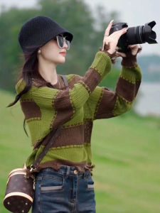 Trendy French Design Knitted Loose Striped Sweater