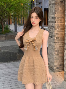 GUZILIAN | Đầm Knit Eo Cao Họa Tiết Caro Mùa Hè Cổ U Nơ Dây Xinh Xắn