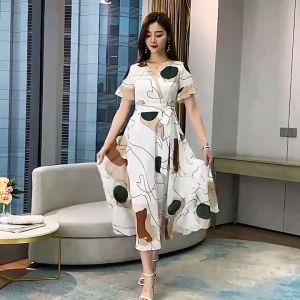Geometric Pattern Dress Women Waist Retraction Long Dress Gentle Temperament Short Sleeve Dress SimpleMill