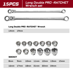 Geinxurn 15PCS Ratcheting Wrench & Socket Set – Double End Flex Ratchet 14/19mm Sockets 8–24mm