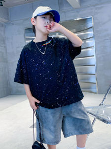 Boys Summer Cotton T-Shirt Star Spattered Half Sleeve Pure Cotton Breathable round Neck Short Sleeve Top for Children