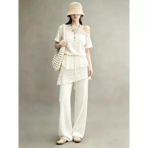 Shalldoer | Bộ Áo Kẻ Dây Một Vai và Quần Palazzo Cao Waist