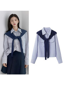 เสื้อเชิ้ตสั้นลายทางแฟชั่น Peace Borderline ฤดูใบไม้ร่วง 2025 ผ้าฝ้ายผสมโพลีเอสเตอร์ ทรงตรง แขนยาว ปกติ ไม่รุ่ย