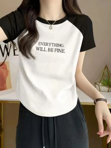 Summer New Arrival Niche Style Short Sleeve T-Shirt Womens 95 Cotton Regular Sweet Asymmetrical Patchwork Contrast Color Figure Flattering round-Neck Blouse