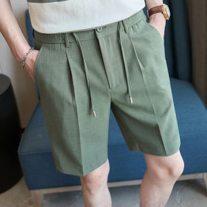 GUKENRO Short Trousers For Men with Drawstring Pure Color Korean Slim Straight Formal Evening Dinner Office Elastic Waist Male Suit Pants