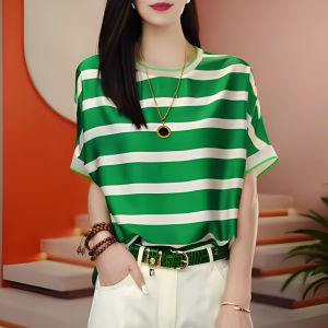 UYFY | Áo thun nữ tay ngắn satin acetate rộng rãi cổ tròn mùa hè mới dáng chữ A che bụng