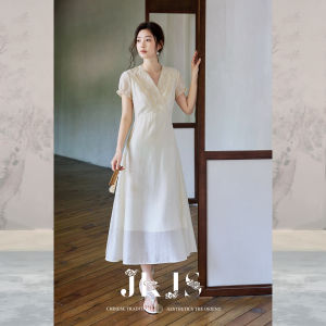 JK＆JS | Traditional Chinese Silk Blend Jacquard V-Neck Crossed Long Dress