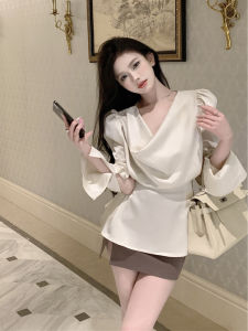 Elegant plus Size French Style Satin Long Sleeve Shirt Womens Fashion Design Slimming Top V-neck High Waist Korean Version