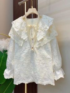 plus Size Womens Fashionable Lace Splice Doll Collar Top Slimming Versatile Autumn New Arrival Casual Style Polyester Fiber