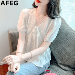 AFEG new Korean version V-neck bow fashion slim all match chiffon bubble short-sleeved blouse