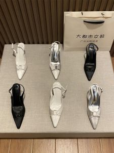 2025 New Hollow out Metal Buckle Silk Satin Pointed Toe Backless Shoes for Women High Heel Sandals Fashionable Lady Style