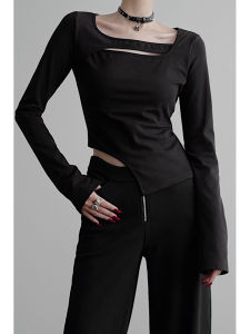 เสื้อยืดถักแขนยาวทรงสลิมฟิตสีพื้นสำหรับผู้หญิง เสื้อชั้นในสีกลางๆ ไม่มีลาย ทรงปกติ ฤดูใบไม้ร่วง 2024