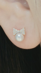 THE GLORIA Sparkling Pave Ribbon Pearl Stud Earrings S925 Silver Needle Pearl Jewelry Gift