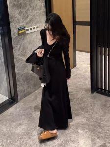 270g Cotton Brushed Long Sleeve VU Collar Slim Fit A-Line Dress Commute Style Single Piece Autumn New Fashion Pure Color Dress